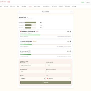 May include: A digital budget tracker interface titled Pay Yourself First, displaying a savings goals dashboard for August 2026. It features progress bars for goals like Emergency Buffer, Holiday to Portugal, and New Laptop with currency in pounds.