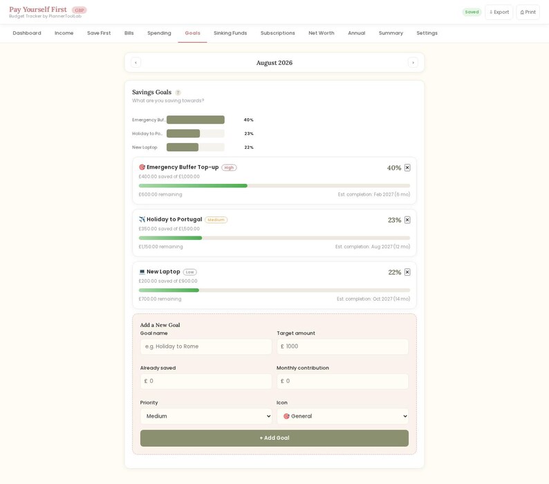 May include: A digital budget tracker interface titled Pay Yourself First, displaying a savings goals dashboard for August 2026. It features progress bars for goals like Emergency Buffer, Holiday to Portugal, and New Laptop with currency in pounds.