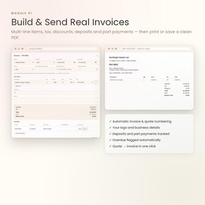 May include: A digital interface for building and sending invoices, featuring an invoice editor window and a generated PDF preview. The text reads Module 01 Build & Send Real Invoices, listing features like automatic numbering, logo integration, and payment tracking.