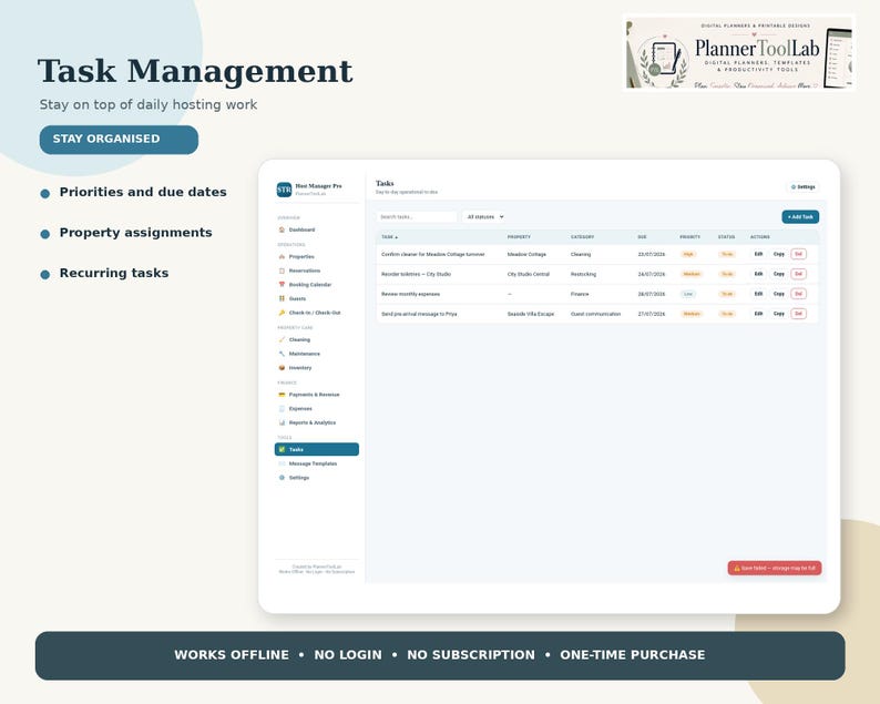 May include: A digital task management interface for hosting work by PlannerToolLab. The screen displays a task list with columns for task, property, category, due date, priority, status, and actions. Features include priorities, property assignments, and recurring tasks, with a dark blue footer stating works offline, no login, no subscription, and one-time purchase.