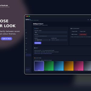 May include: A digital interface for PlannerToolLab Pro displaying a Settings & Export menu with a dark theme. The screen features options for profile customization, data management, and a selection of seven distinct color themes for the planner.