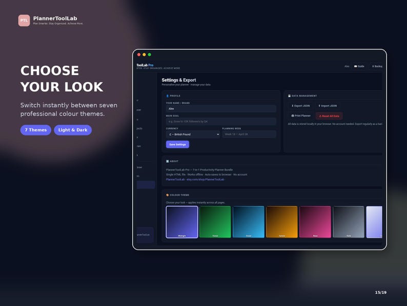 May include: A digital interface for PlannerToolLab Pro displaying a Settings & Export menu with a dark theme. The screen features options for profile customization, data management, and a selection of seven distinct color themes for the planner.