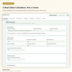 May include: A digital Zakat calculator interface displaying input fields for assets, liabilities, and Nisab standards. The screen shows sections for cash, bank balances, gold, silver, investments, and short-term debts with a header titled A Real Zakat Calculator, Not a Guess.