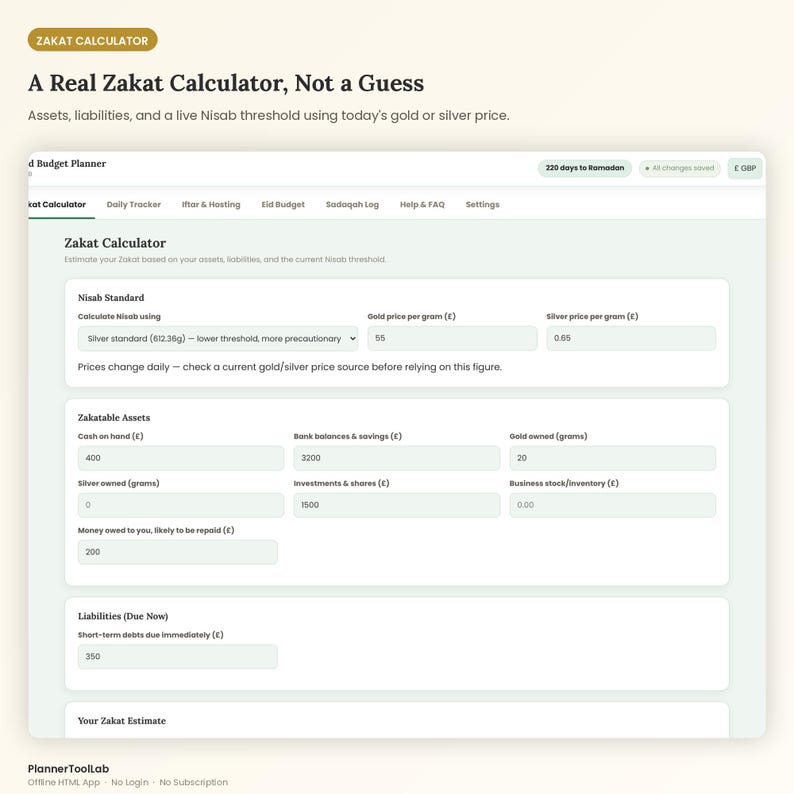 May include: A digital Zakat calculator interface displaying input fields for assets, liabilities, and Nisab standards. The screen shows sections for cash, bank balances, gold, silver, investments, and short-term debts with a header titled A Real Zakat Calculator, Not a Guess.