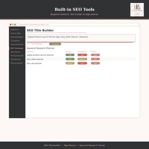 May include: A digital interface for an SEO Title Builder tool featuring a sidebar with navigation options like Dashboard and Keyword Planner. The main area displays a text input field for titles and a table showing keyword volume, competition, and priority.