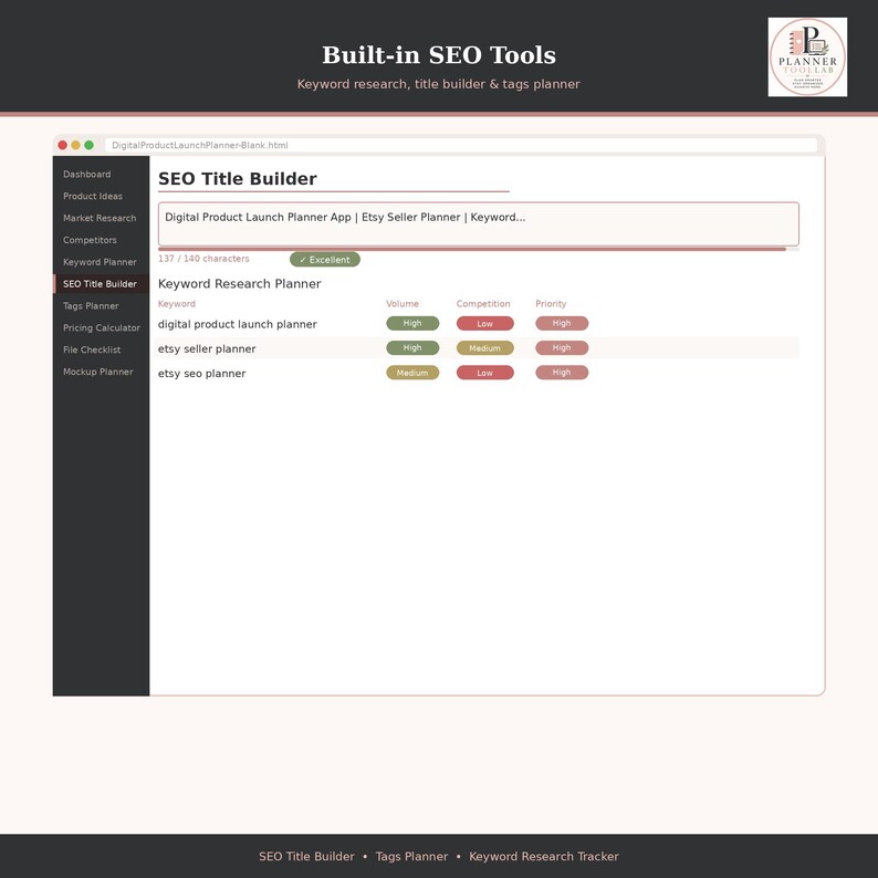 May include: A digital interface for an SEO Title Builder tool featuring a sidebar with navigation options like Dashboard and Keyword Planner. The main area displays a text input field for titles and a table showing keyword volume, competition, and priority.