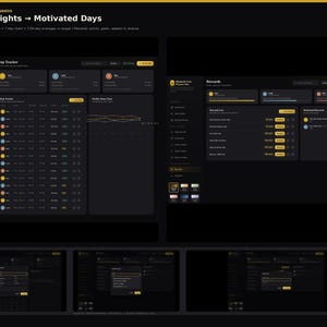 May include: A dark-themed digital interface titled Healthy Nights &rarr; Motivated Days, featuring a sleep tracker dashboard with data tables, weekly charts, and a rewards section. The layout includes navigation menus, user profiles, and modal pop-ups.