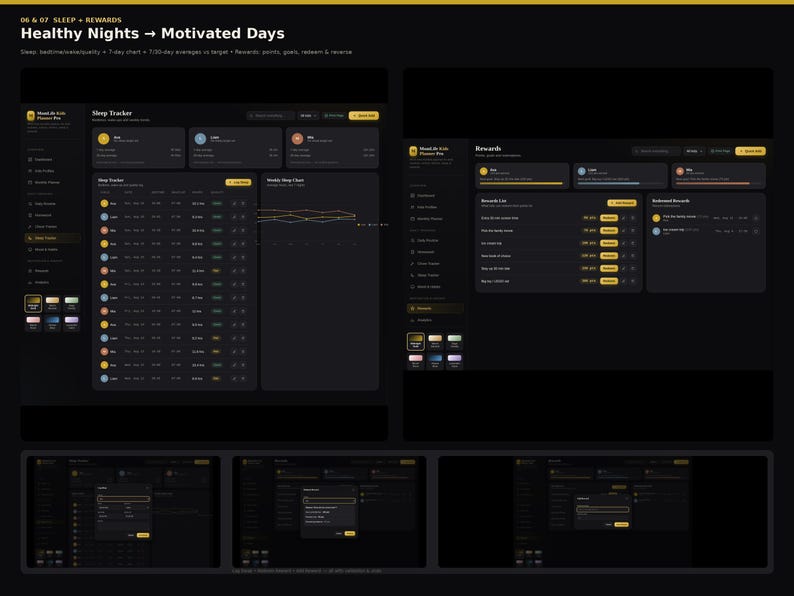 May include: A dark-themed digital interface titled Healthy Nights &rarr; Motivated Days, featuring a sleep tracker dashboard with data tables, weekly charts, and a rewards section. The layout includes navigation menus, user profiles, and modal pop-ups.