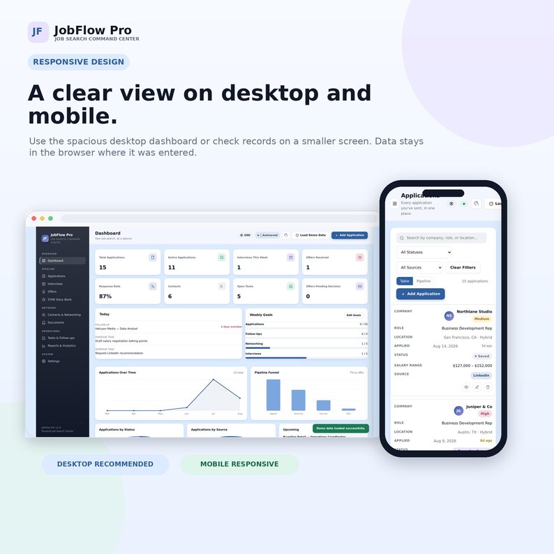 May include: A digital interface display for JobFlow Pro, a job search command center. The image shows a desktop dashboard with data analytics and a mobile view of job applications, featuring text labels like Responsive Design and Desktop Recommended.