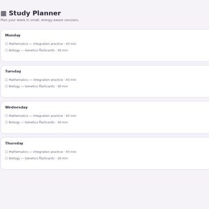 May include: A digital study planner interface titled Focus Path with a sidebar menu featuring options like Dashboard, Brain Dump, Subjects, and Assignments. The main area displays a weekly schedule for Monday through Thursday with tasks.
