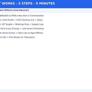 May include: A white informational graphic with a blue header titled HOW IT WORKS - 3 STEPS - 5 MINUTES. It lists steps including downloading index.html, adding child profiles and EHCP sections, logging IEP targets, auto-saving, and exporting CSV files.