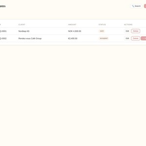 May include: A digital dashboard interface titled Ledger Pro displaying a Quotes table. The table lists client entries with columns for ID, Client, Amount, Status, and Actions. Navigation sidebar includes Dashboard, Clients, Quotes, Invoices, and Projects.