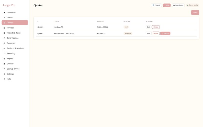 May include: A digital dashboard interface titled Ledger Pro displaying a Quotes table. The table lists client entries with columns for ID, Client, Amount, Status, and Actions. Navigation sidebar includes Dashboard, Clients, Quotes, Invoices, and Projects.