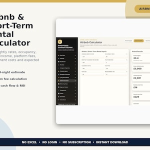 May include: A digital Airbnb and short-term rental calculator interface displayed on a screen. The dashboard features input fields for nightly rates, occupancy, and costs, alongside result boxes showing booked nights, income, expenses, and cash flow in pounds.