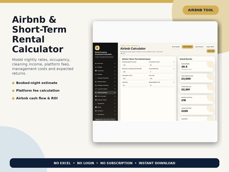 May include: A digital Airbnb and short-term rental calculator interface displayed on a screen. The dashboard features input fields for nightly rates, occupancy, and costs, alongside result boxes showing booked nights, income, expenses, and cash flow in pounds.