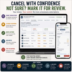 May include: A laptop and smartphone displaying the Subscription Audit Tracker interface. The screen shows a list of subscriptions with categories, usage, and decision columns. Text includes CANCEL WITH CONFIDENCE, NOT SURE? MARK IT FOR REVIEW, and HOW IT WORKS.