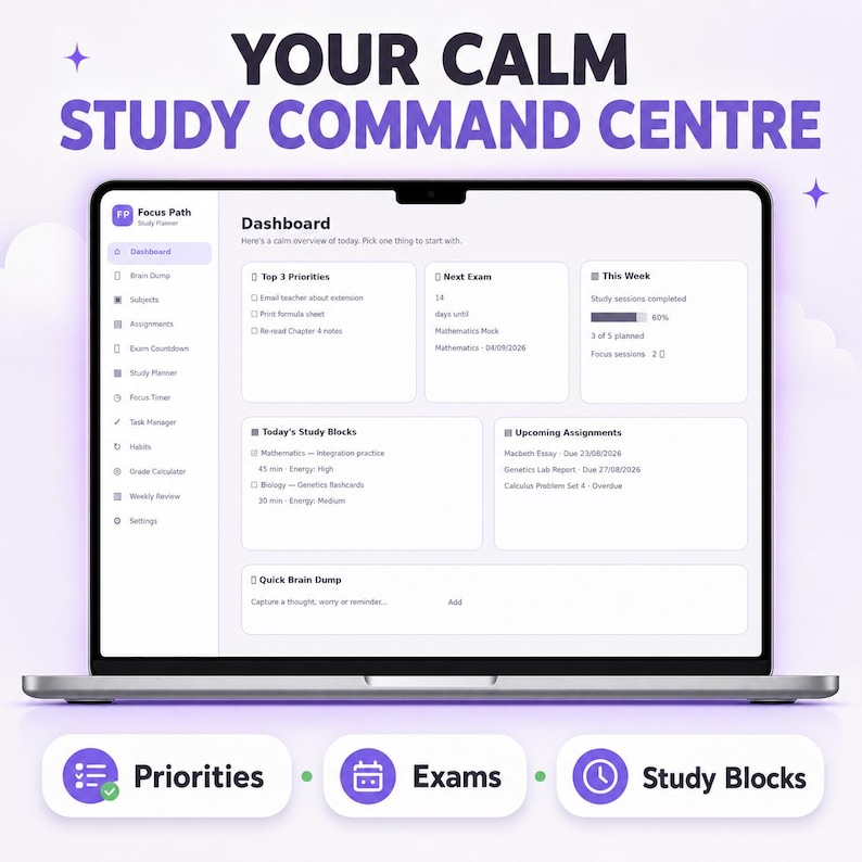 May include: A laptop screen displaying the Focus Path study planner dashboard with sections for Top 3 Priorities, Next Exam, This Week, Today's Study Blocks, Upcoming Assignments, and Quick Brain Dump. Text reads: YOUR CALM STUDY COMMAND CENTRE.