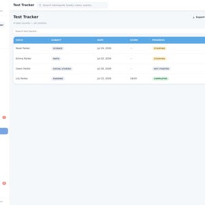 May include: A digital interface titled Test Tracker from Little Stars Planner, featuring a table with columns for child, subject, date, score, and progress. The rows list names like Noah, Emma, Owen, and Lily Parker with status tags like Studying, Not Started, and Completed.