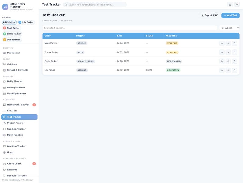 May include: A digital interface titled Test Tracker from Little Stars Planner, featuring a table with columns for child, subject, date, score, and progress. The rows list names like Noah, Emma, Owen, and Lily Parker with status tags like Studying, Not Started, and Completed.