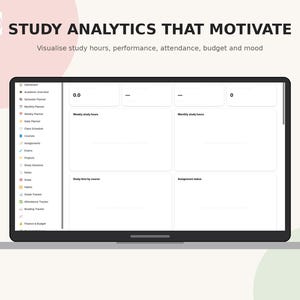 May include: A digital dashboard displayed on a laptop screen with the text STUDY ANALYTICS THAT MOTIVATE and Visualise study hours, performance, attendance, budget and mood. The interface features a sidebar with navigation icons and labels.