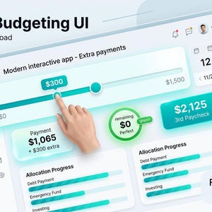 May include: A digital budgeting interface displayed on a screen, featuring interactive sliders for extra payments, allocation progress bars for debt, emergency funds, and investing, with text labels including Modern Budgeting UI and Financial Planner Template.