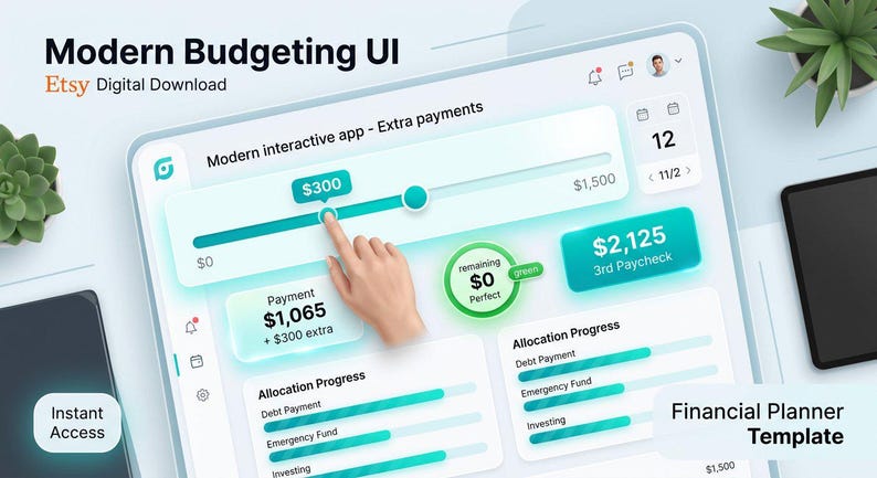 May include: A digital budgeting interface displayed on a screen, featuring interactive sliders for extra payments, allocation progress bars for debt, emergency funds, and investing, with text labels including Modern Budgeting UI and Financial Planner Template.