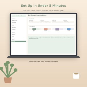 May include: A digital interface for a teacher planner displayed on a screen. The settings page includes fields for name, school, and year, with color theme options labeled Sage, Sunset, Lavender, and Ocean. Text reads Set Up In Under 5 Minutes.