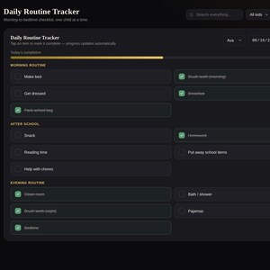 May include: A digital Daily Routine Tracker interface with a dark theme and gold accents. The dashboard displays morning, after school, and evening checklists for kids, featuring checkboxes, a progress bar, and navigation sidebar menu options.