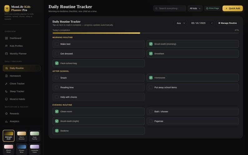 May include: A digital Daily Routine Tracker interface with a dark theme and gold accents. The dashboard displays morning, after school, and evening checklists for kids, featuring checkboxes, a progress bar, and navigation sidebar menu options.