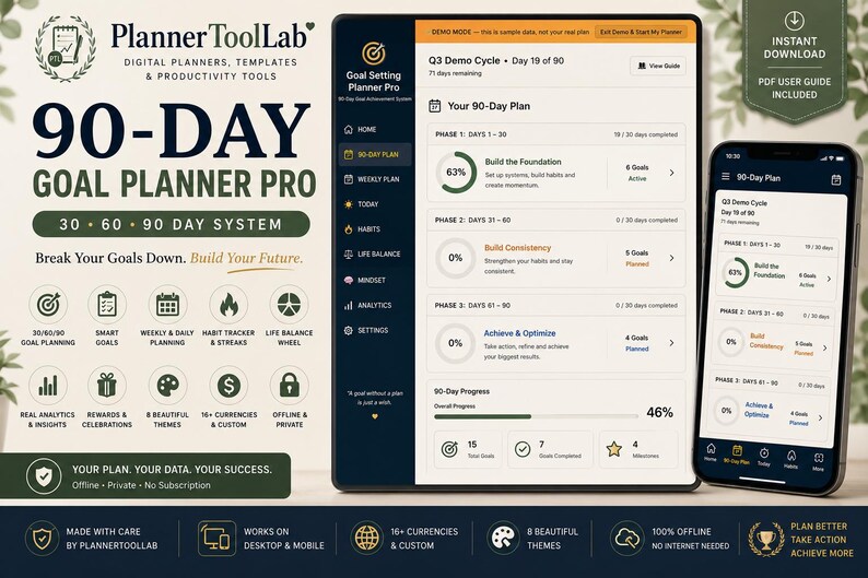 90-Day Goal Planner Web App | SMART Goals, Habit Tracker (Digital Download) image 2