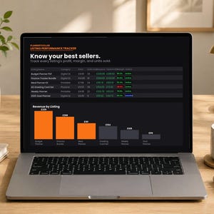 May include: A laptop screen displaying a digital listing performance tracker dashboard. The interface features a table with columns for listing name, category, price, units sold, revenue, profit, and status, alongside a bar chart showing revenue.