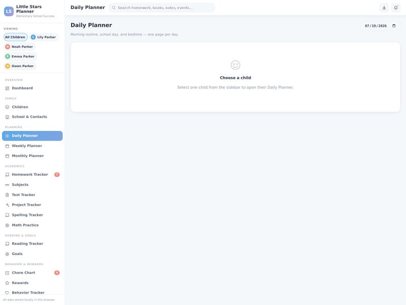May include: A digital interface for the Little Stars Planner application, featuring a sidebar with navigation options like Dashboard, Children, School & Contacts, Daily Planner, Weekly Planner, and various academic trackers.
