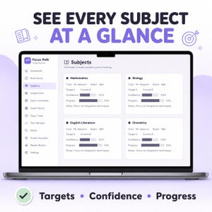 May include: A laptop screen displaying the Focus Path study planner interface with a subjects dashboard. The screen shows tracking for Mathematics, Biology, English Literature, and Chemistry, including targets, confidence levels, and progress bars.