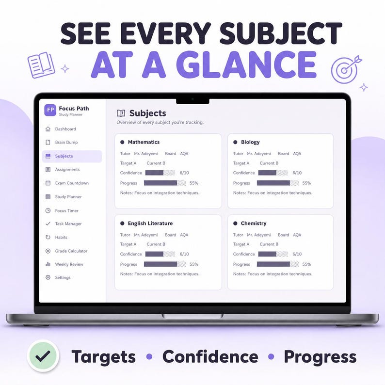 May include: A laptop screen displaying the Focus Path study planner interface with a subjects dashboard. The screen shows tracking for Mathematics, Biology, English Literature, and Chemistry, including targets, confidence levels, and progress bars.
