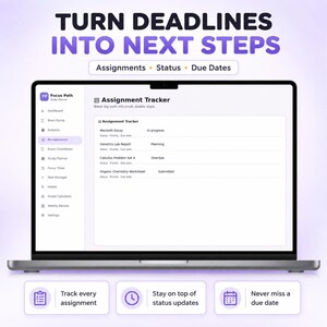 May include: A digital study planner interface displayed on a laptop screen titled Assignment Tracker. The sidebar lists dashboard, brain dump, subjects, assignments, exam countdown, study planner, focus timer, task manager, habits, and grade calculator.
