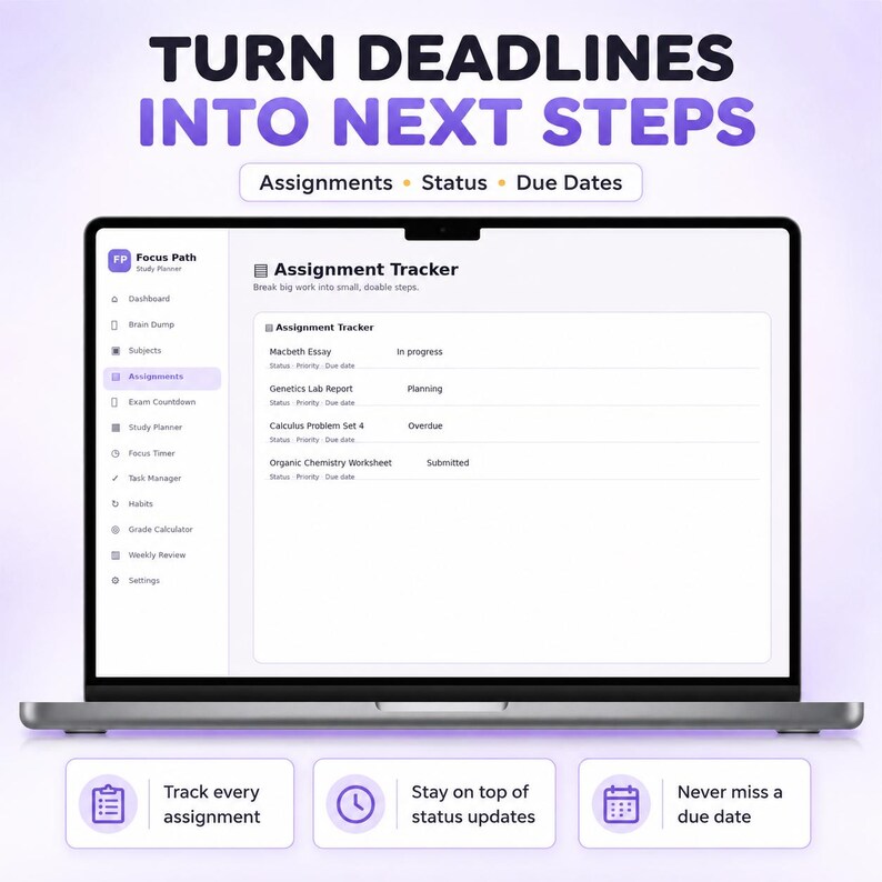 May include: A digital study planner interface displayed on a laptop screen titled Assignment Tracker. The sidebar lists dashboard, brain dump, subjects, assignments, exam countdown, study planner, focus timer, task manager, habits, and grade calculator.