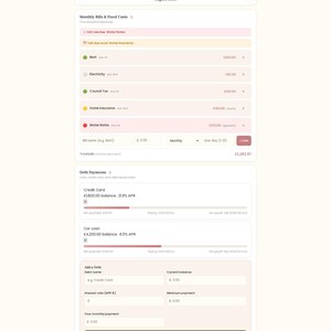 May include: A digital budget tracker interface titled Pay Yourself First, featuring sections for Monthly Bills and Fixed Costs, and Debt Payments. The dashboard displays itemized expenses, due dates, payment statuses, and debt balances in pounds.