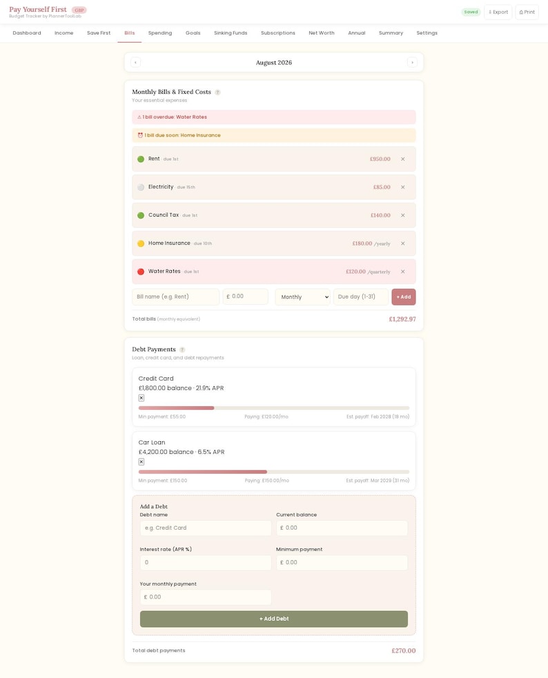 May include: A digital budget tracker interface titled Pay Yourself First, featuring sections for Monthly Bills and Fixed Costs, and Debt Payments. The dashboard displays itemized expenses, due dates, payment statuses, and debt balances in pounds.