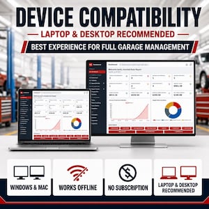 May include: A laptop and a desktop monitor displaying a garage management dashboard. Text reads: DEVICE COMPATIBILITY, LAPTOP & DESKTOP RECOMMENDED, BEST EXPERIENCE FOR FULL GARAGE MANAGEMENT, WINDOWS & MAC, WORKS OFFLINE, NO SUBSCRIPTION.