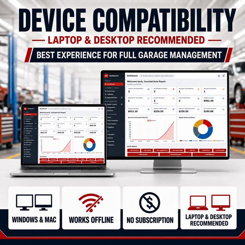 May include: A laptop and a desktop monitor displaying a garage management dashboard. Text reads: DEVICE COMPATIBILITY, LAPTOP & DESKTOP RECOMMENDED, BEST EXPERIENCE FOR FULL GARAGE MANAGEMENT, WINDOWS & MAC, WORKS OFFLINE, NO SUBSCRIPTION.
