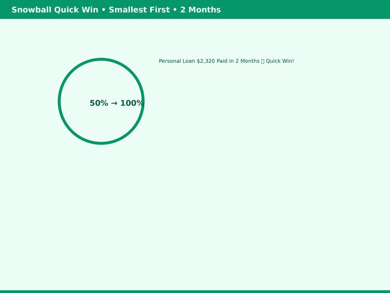 May include: A digital graphic with a green header reading Snowball Quick Win &bull; Smallest First &bull; 2 Months. It features a green circle containing the text 50% &rarr; 100% and a line of text stating Personal Loan $2,320 Paid in 2 Months &bull; Quick Win!