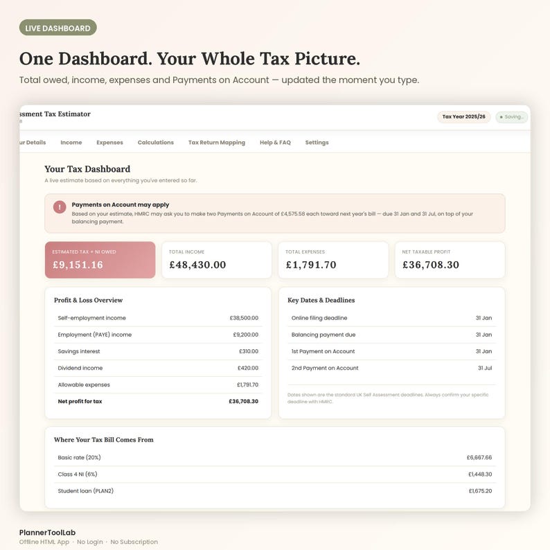 UK Self Assessment Tax Calculator | Sole Trader, Freelancer HMRC Estimator (Offline HTML App) image 4