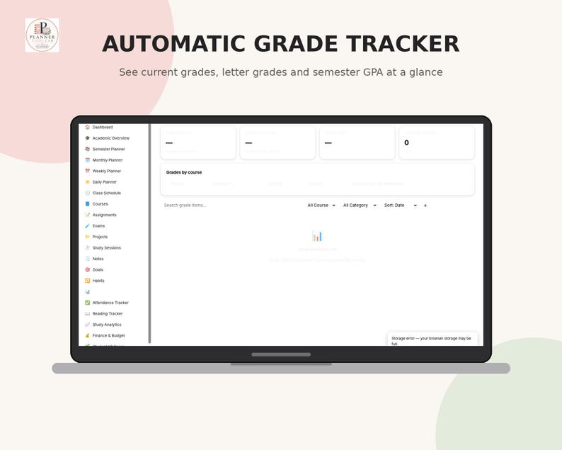 May include: A digital automatic grade tracker interface displayed on a laptop screen. The dashboard features a sidebar with navigation links for academic planning, course management, and grade tracking, alongside a main area for viewing course grades.