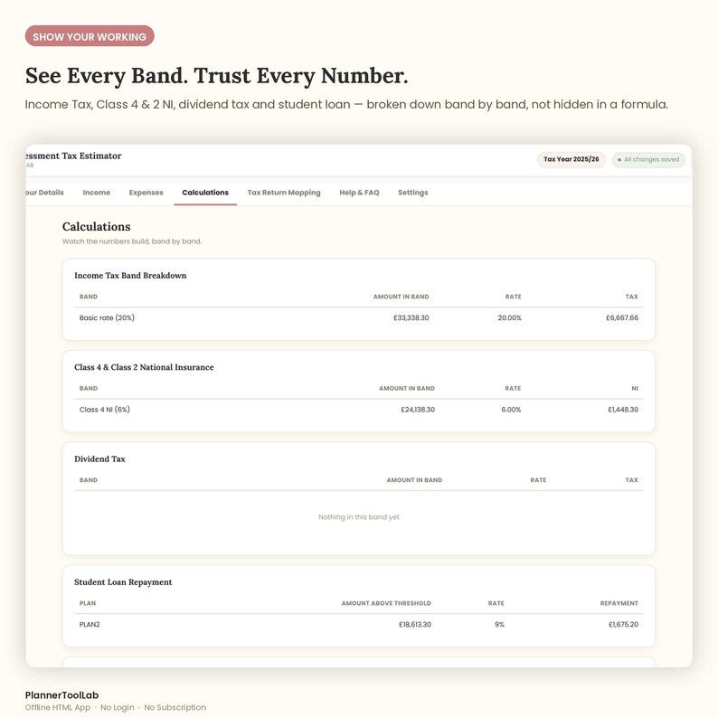 May include: A digital tax estimator interface displaying a calculation dashboard. The screen shows sections for Income Tax, Class 4 & 2 NI, Dividend Tax, and Student Loan Repayment with tables detailing bands, rates, and amounts in British pounds.