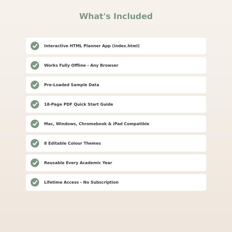 May include: A digital product information list titled What's Included, featuring eight bullet points with checkmarks. Items include an Interactive HTML Planner App, offline browser functionality, sample data, an 18-page PDF guide, cross-platform compatibility, eight editable color themes, annual reusability, and lifetime access.