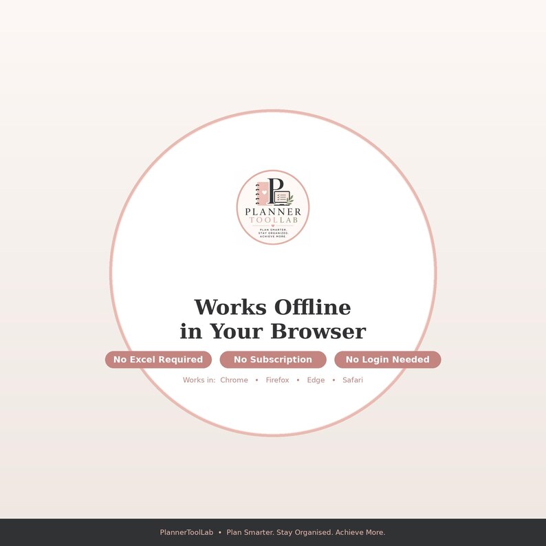 May include: A circular graphic featuring the Planner ToolLab logo, the text Works Offline in Your Browser, and three rectangular buttons labeled No Excel Required, No Subscription, and No Login Needed. It lists compatibility with Chrome, Firefox, Edge, and Safari.