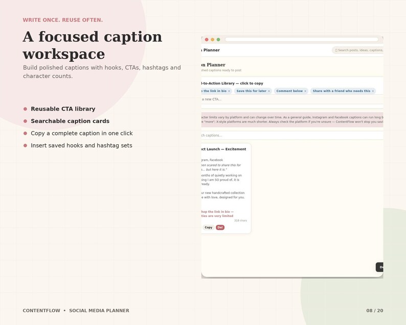 May include: A digital interface for a social media planner titled A focused caption workspace. The layout includes a reusable CTA library, searchable caption cards, and text fields for building captions with hooks, hashtags, and character counts.