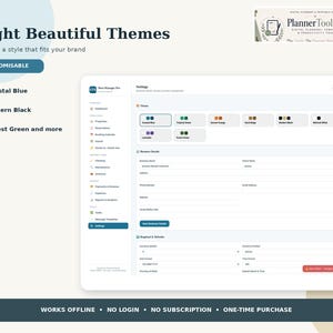 May include: A digital interface for Host Manager Pro showing settings with eight customizable themes including Coastal Blue, Modern Black, and Forest Green. The dashboard features business details, regional settings, and a sidebar menu for property management.