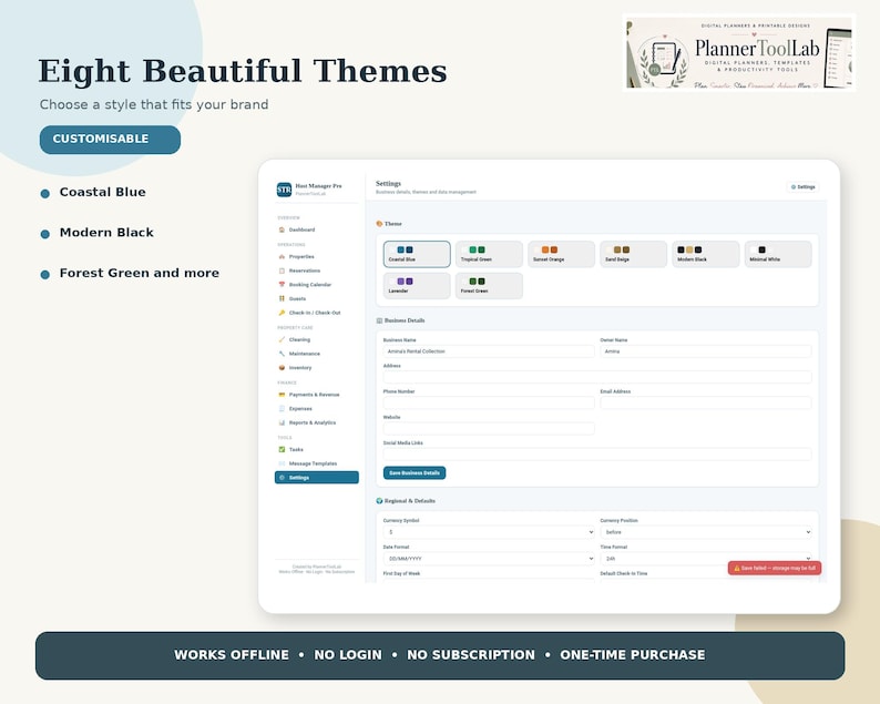 May include: A digital interface for Host Manager Pro showing settings with eight customizable themes including Coastal Blue, Modern Black, and Forest Green. The dashboard features business details, regional settings, and a sidebar menu for property management.