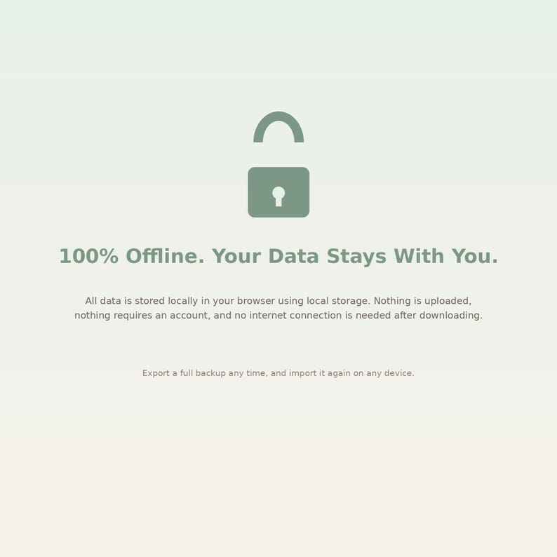 May include: A sage green graphic featuring a dark green padlock icon above the text 100% Offline. Your Data Stays With You. Below this, smaller text explains that data is stored locally in the browser, requires no account, and allows backups.